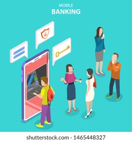 Isometric flat vector concept of mobile banking, protected money transaction, secure online shopping, bill payment.
