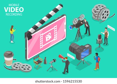 Isometric Flat Vector Concept of Mobile Video Recording App, Motion Design Studio Software, Multimedia Production, Video Blogging.