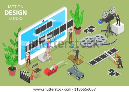 Isometric flat vector concept of motion design studio, video editor app, creating video online.