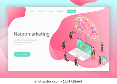 Isometric flat vector concept of neuromarketing, digital compaign, commercial marketing strategy, ai, artificial intelligence.