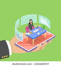 Isometric flat vector concept of online, expert, virtual business assistant, investment management, mobile banking, help service.
