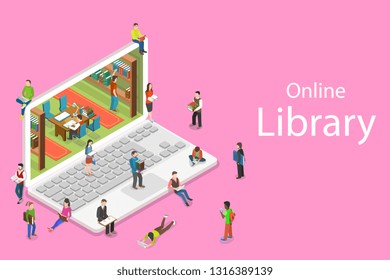 Isometric flat vector concept of online library, education, reading, learning online.