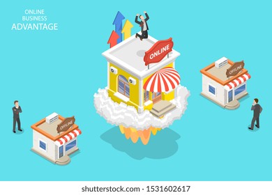 Isometric flat vector concept of online business advantages, obstacles overcome, marketing campaign, online shop growing.