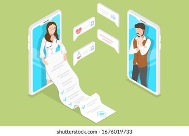 Isometric Flat Vector Concept of Online Diagnosis, Remote Patient Consultation, Online Medical Support and Healthcare Services.