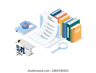 Isometric flat vector concept of online testing, Questionnaire form, Online education, Survey, Internet exam.