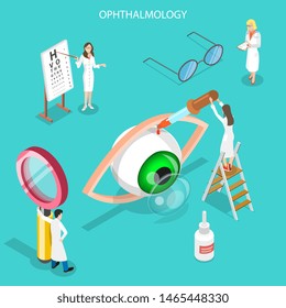 Isometric flat vector concept of ophthalmology, eyesight check up, eyes health care, ophthalmological examination.