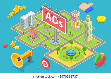 Isometric flat vector concept of outdoor advertising, city advertisement billboards and banners, outbound marketing campaign.