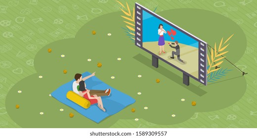 Isometric flat vector concept of outdoor cinema theater, open air movie watching, romantic movie night.