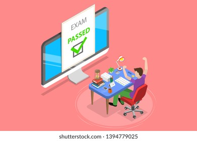 Isometric flat vector concept of passed online exam, questionnaire form, online education, survey, internet quiz.