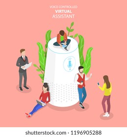 Isometric flat vector concept of personal voice, assistant, voice recognition, soundwave intelligent technologies.