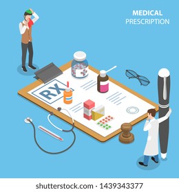 Isometric flat vector concept of prescription form, medical service, doctor signs a RX for a patient.