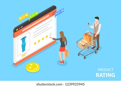 Isometric flat vector concept of product rating, customer feedback, opinion and review, online survey.