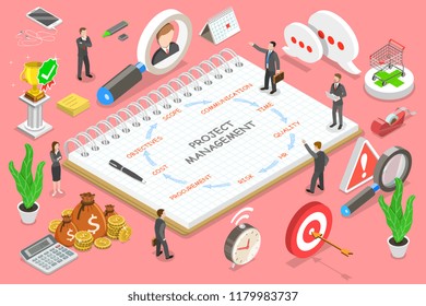 Isometric flat vector concept of project management, business multitasking, achieving project goals, company managing.