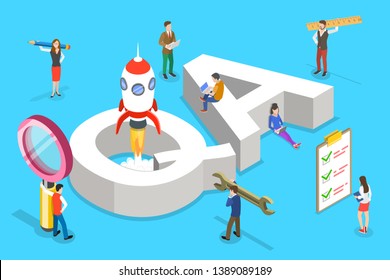 Isometric flat vector concept of QA, quality assurance, software app testing, coding and programming, question and answer, SQA team.