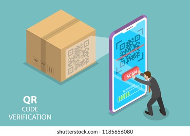 Isometric flat vector concept of QR code, barcode scanning, verification app.