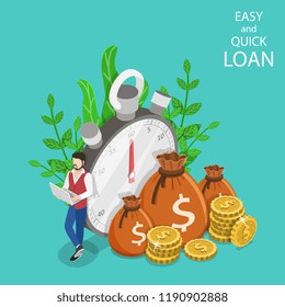 Isometric flat vector concept of quick loan, easy cash, finance services, time is money.