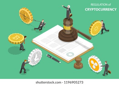 Isometric flat vector concept of regulation of cryptocurrency, digital currency legislation, legislative control.