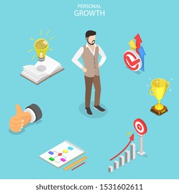 Isometric flat vector concept of self-development, career achievements, high goals achievement, growth of personal qualities.