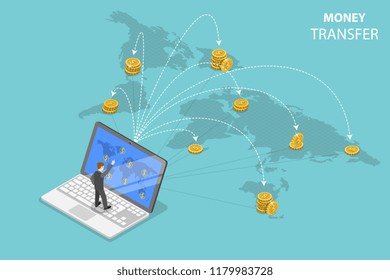 Isometric Flat Vector Concept Of Sending Money Around The World, Money Transfer, Online Banking, Financial Transaction.