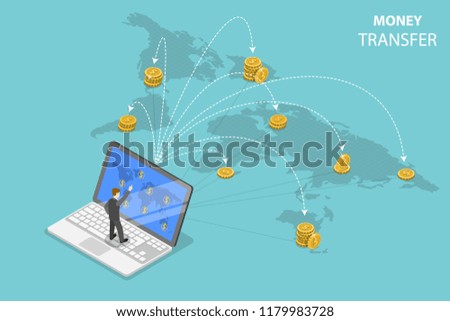 Isometric flat vector concept of sending money around the world, money transfer, online banking, financial transaction.