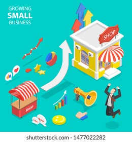 Isometric flat vector concept of small business growth, marketing strategy, advertising campaign, business in investing.