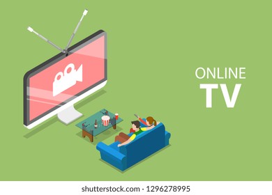 Isometric flat vector concept of smart TV, home entertainment, movie online, streaming.