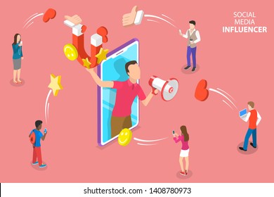 Isometric flat vector concept of social media influencer, digital marketing strategy, promotional advertising campaign.