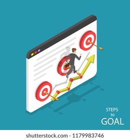 Isometric Flat Vector Concept Of Steps To Goal, Business Ambitions, Motivation, Path To Success.