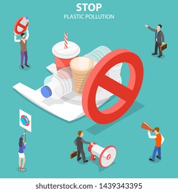 Isometric flat vector concept of stop plastic pollution, polythene disposable garbage problem.