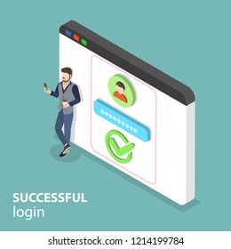 Isometric Flat Vector Concept Of Successful Login, Mobile Sign Up.