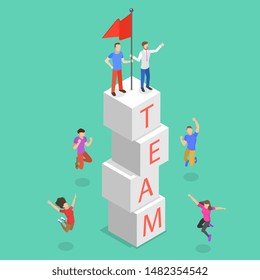 Isometric flat vector concept of successful teamwork, team goal achievement and growth.