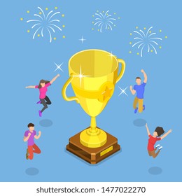 Isometric flat vector concept of team achievement celebrating, successfull teamwork, business winning.