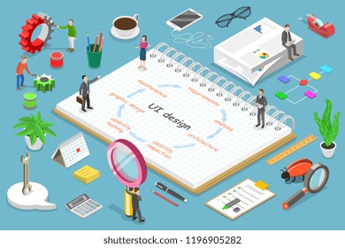 Isometric flat vector concept of UI design process, mobile app development, GUI design.