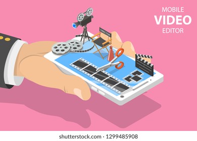 Isometric Flat Vector Concept Of Video Editing App, Multimedia Production, Video Blogging, Motion Design.