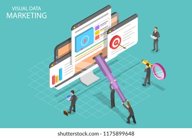 Isometric Flat Vector Concept Of Visual Data Marketing, Data Driven Campaign, Analyzing Statistics.