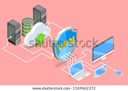 Isometric flat vector concept of VPN protection, cyber security, traffic encryption, virtual private network.