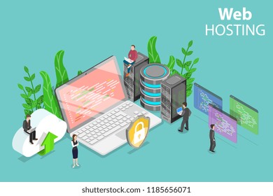 Isometric flat vector concept of web hosting service, cloud computing, data center.