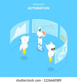 Isometric Flat Vector Concept Of Workload Automation, Job Scheduling, Ai, Big Data, Financial Analysis.