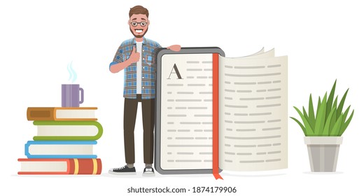 Isometric Flat Vector Conceptual Illustration of Literature Reading, Online Library, Distance Education.
