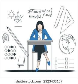 Isometric Flat Vector Conceptual Illustration of Entrance Examination, Aassessment and Evaluation of Educational Institutions. one girl on a Table Set Up for Applicants Taking the Entrance Exam