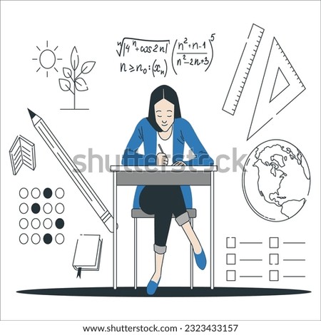 Isometric Flat Vector Conceptual Illustration of Entrance Examination, Aassessment and Evaluation of Educational Institutions. one girl on a Table Set Up for Applicants Taking the Entrance Exam