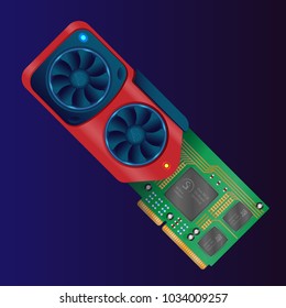 An isometric flat vector of a detailed video graphics card on a dark blue background. Vector illustration