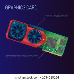 An isometric flat vector of a detailed video graphics card on a dark blue background. Vector illustration