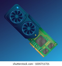 An isometric flat vector of a detailed video graphics card. A blue video card on a dark background. Vector illustration