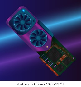 An isometric flat vector of a detailed video graphics card. A neon video card on a dark background. Vector illustration