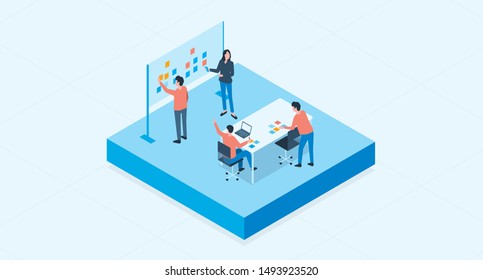 isometric flat vector  group business team meeting and project brainstorming process concept 
