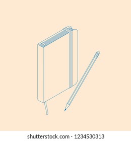 isometric flat vector illustration of copybook notepad with pencil.