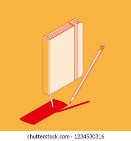 isometric flat vector illustration of copybook notepad with pencil.