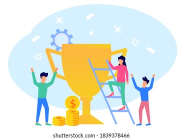 Isometric flat vector illustration isolated on white background, success concept. People who work together are successful. Can be used for web banners, infographics, hero images.