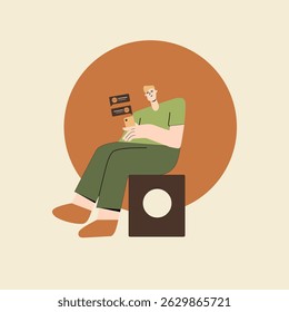 Isometric flat vector illustration of a man sitting while holding a smartphone with chat icons above. Ideal for messaging apps, social media, landing page UI, banner, website and editorial content.